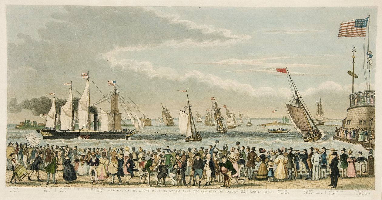 1838年4月23日星期一，纽约大西洋蒸汽船抵达酒吧。 1842年（手工彩色雕刻） 作者 艾萨克·罗伯特·克鲁克香克