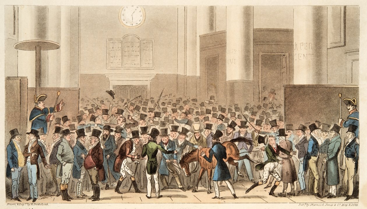 喧嚣中的公牛和熊队，或者Billy Wrights Poney从The English Spy，pub成为证券交易所的会员。 1824年（手工彩色雕刻） 作者 艾萨克·罗伯特·克鲁克香克