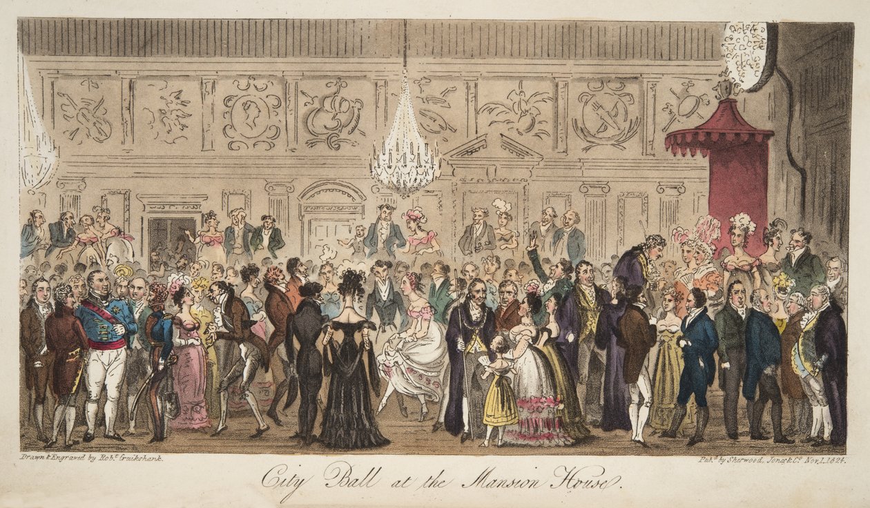 Mansion House的City Ball，来自The English Spy，pub。 1824年（手工彩色雕刻） 作者 艾萨克·罗伯特·克鲁克香克
