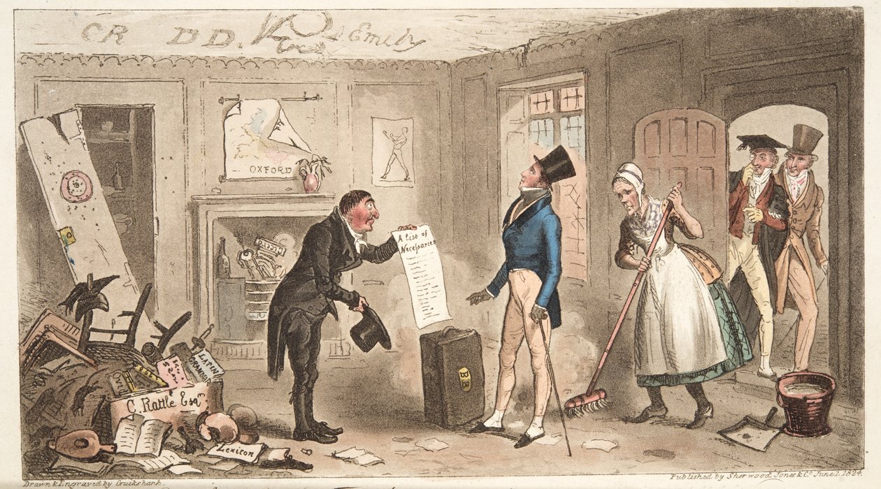 大学舒适，一个新人占有他的房间，从英国间谍，酒吧。 1824年（手工彩色雕刻） 作者 艾萨克·罗伯特·克鲁克香克