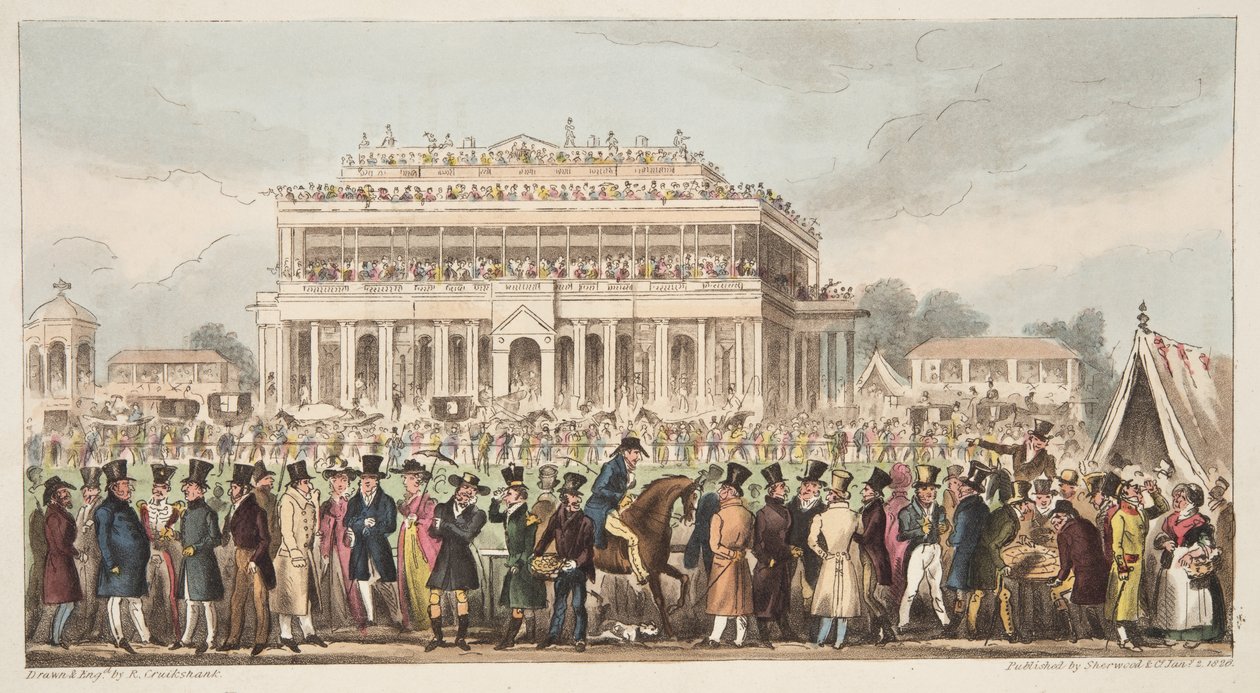 1824年Great St. Leger Race期间的唐卡斯特赛马场，来自The English Spy，pub。 1824年（手工彩色雕刻） 作者 艾萨克·罗伯特·克鲁克香克
