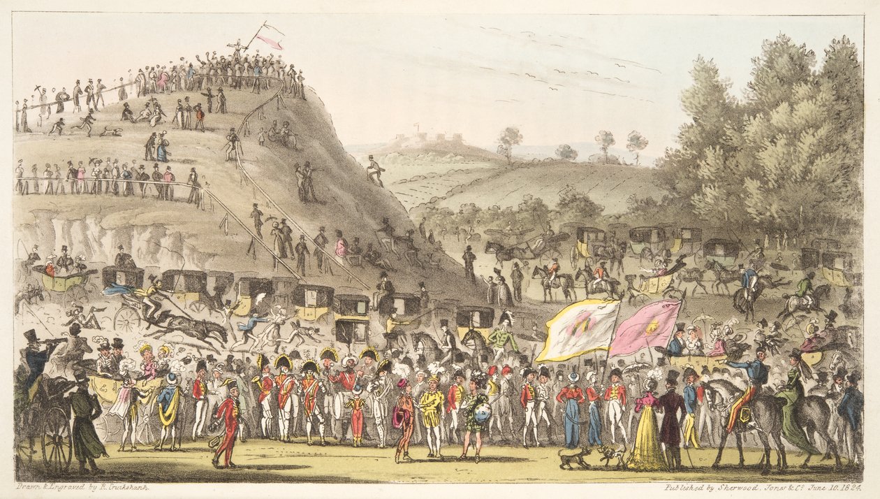 Eton Montem和The Mount，Salt Hill，来自The English Spy，pub。 1824年（手工彩色雕刻） 作者 艾萨克·罗伯特·克鲁克香克
