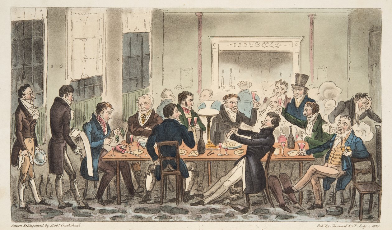 晚上和烈酒，邦兹街朗斯酒店的场景，来自The English Spy，pub。 1824年（手工彩色雕刻） 作者 艾萨克·罗伯特·克鲁克香克