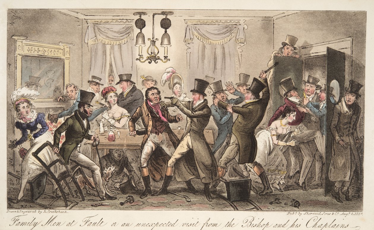故事的家庭成员，或主教及其牧师的意外访问，来自The English Spy，pub。 1824年（手工彩色雕刻） 作者 艾萨克·罗伯特·克鲁克香克