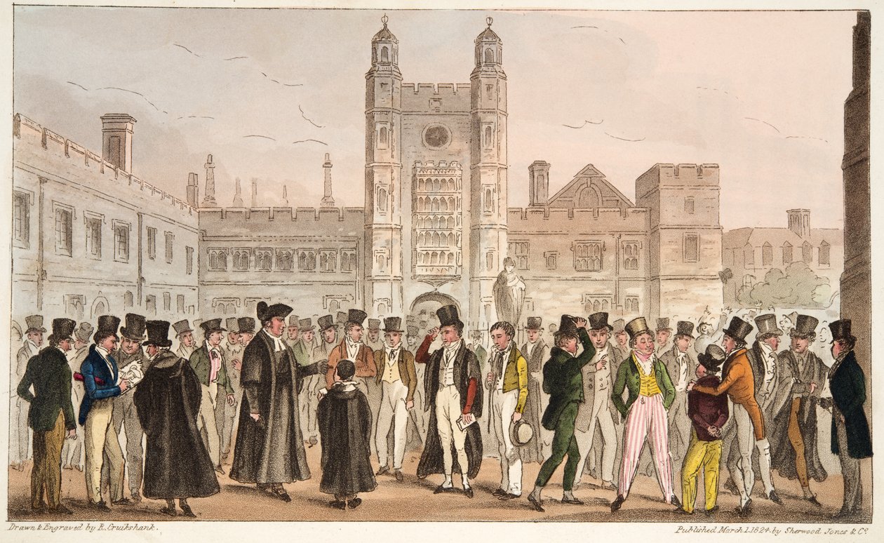 1824年出版的“英国间谍”（手工彩色版画）中首次缺席，或者是Etonians回答早晨大师卷 作者 艾萨克·罗伯特·克鲁克香克