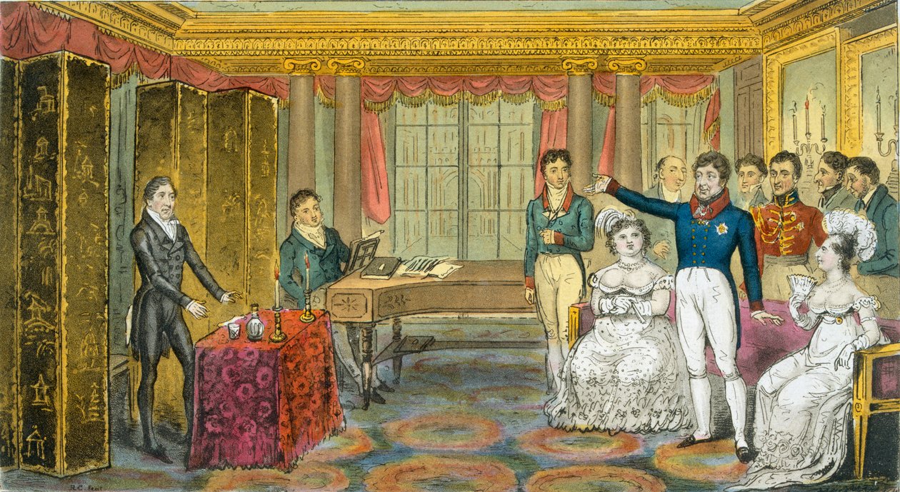 来自“英国间谍”的Carlton House的乔治四世国王，Charles Westmacott，1825年出版（彩色石版画） 作者 艾萨克·罗伯特·克鲁克香克