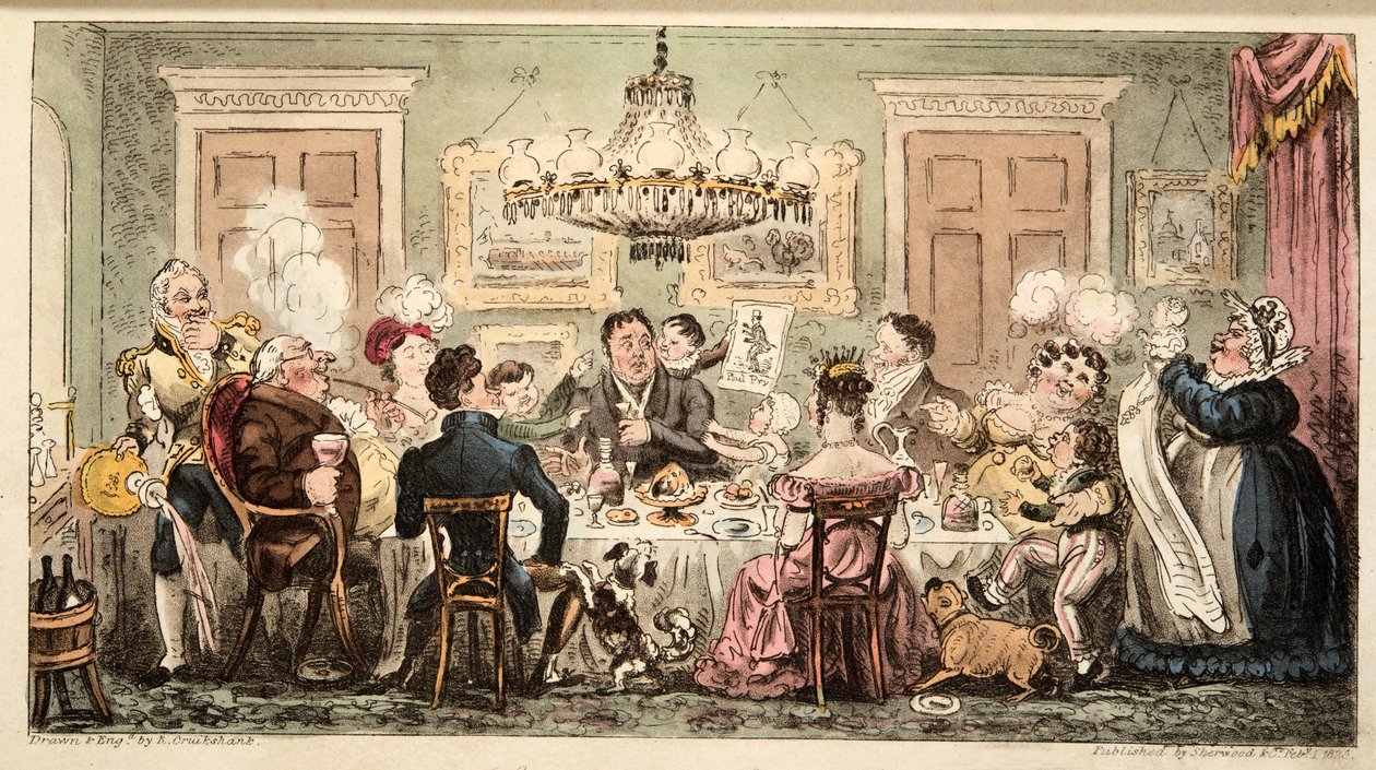 Liston和Lambkins或Citizens Dinner Party，来自The English Spy，pub。 1824年（手工彩色雕刻） 作者 艾萨克·罗伯特·克鲁克香克