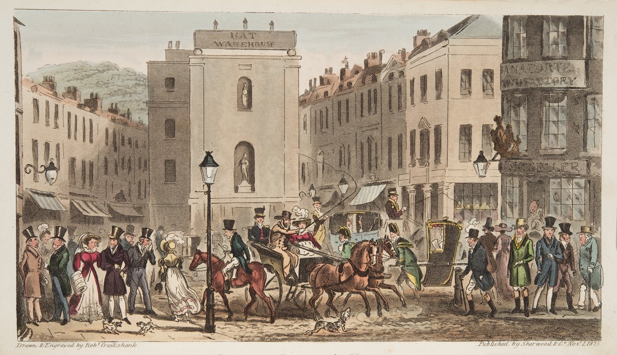 Milsom Street＆Bond Street与Bath Swells的肖像，来自The English Spy，于1824年在伦敦出版（手工彩色雕刻） 作者 艾萨克·罗伯特·克鲁克香克