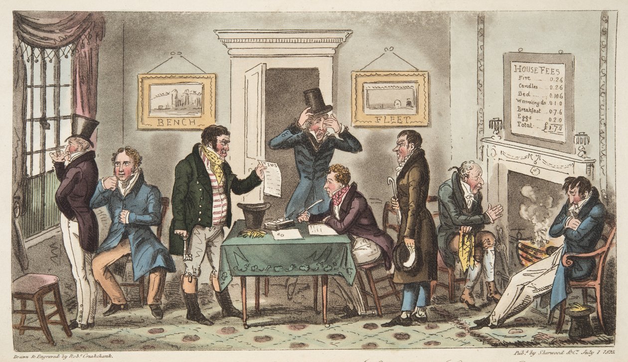 在英国间谍的英国间谍，1824年伦敦出版的“早上和低落的情绪”，“Spying House”中的“锁定场景”，“凯莉街”，“好真相” 作者 艾萨克·罗伯特·克鲁克香克