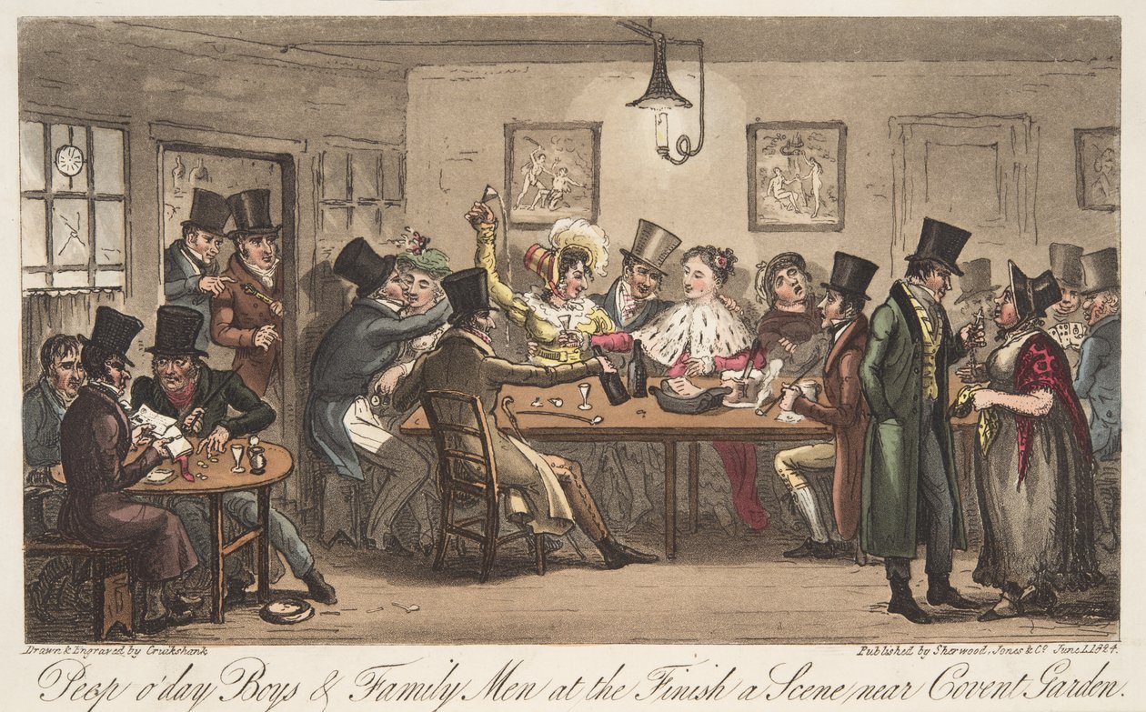 从英国间谍，酒吧窥视完成ODays和Famiiy Men。 1824年（手工彩色雕刻） 作者 艾萨克·罗伯特·克鲁克香克