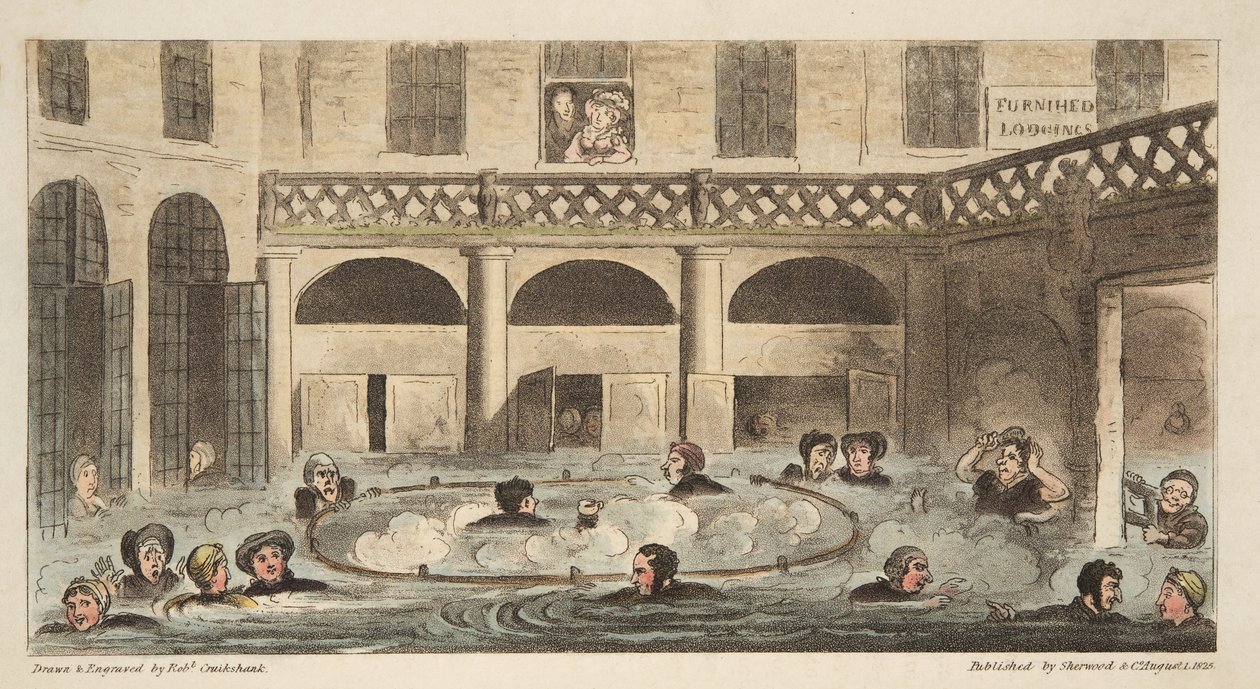 来自The English Spy酒吧的Bath或Strewing Alive公共浴场。 1824年（手工彩色雕刻） 作者 艾萨克·罗伯特·克鲁克香克