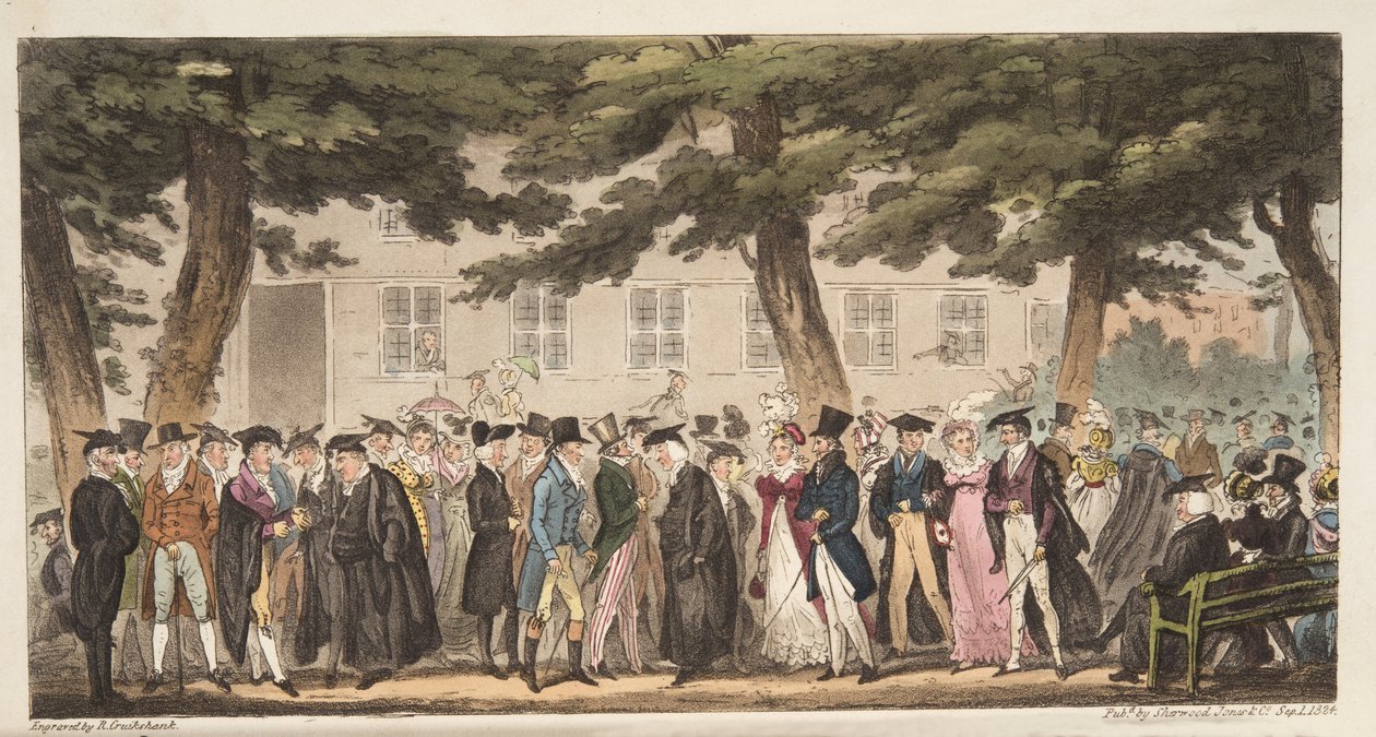 周日，英国间谍，酒吧，牛津基督教堂梅多斯的宽阔步道景观。 1824年（手工彩色雕刻） 作者 艾萨克·罗伯特·克鲁克香克