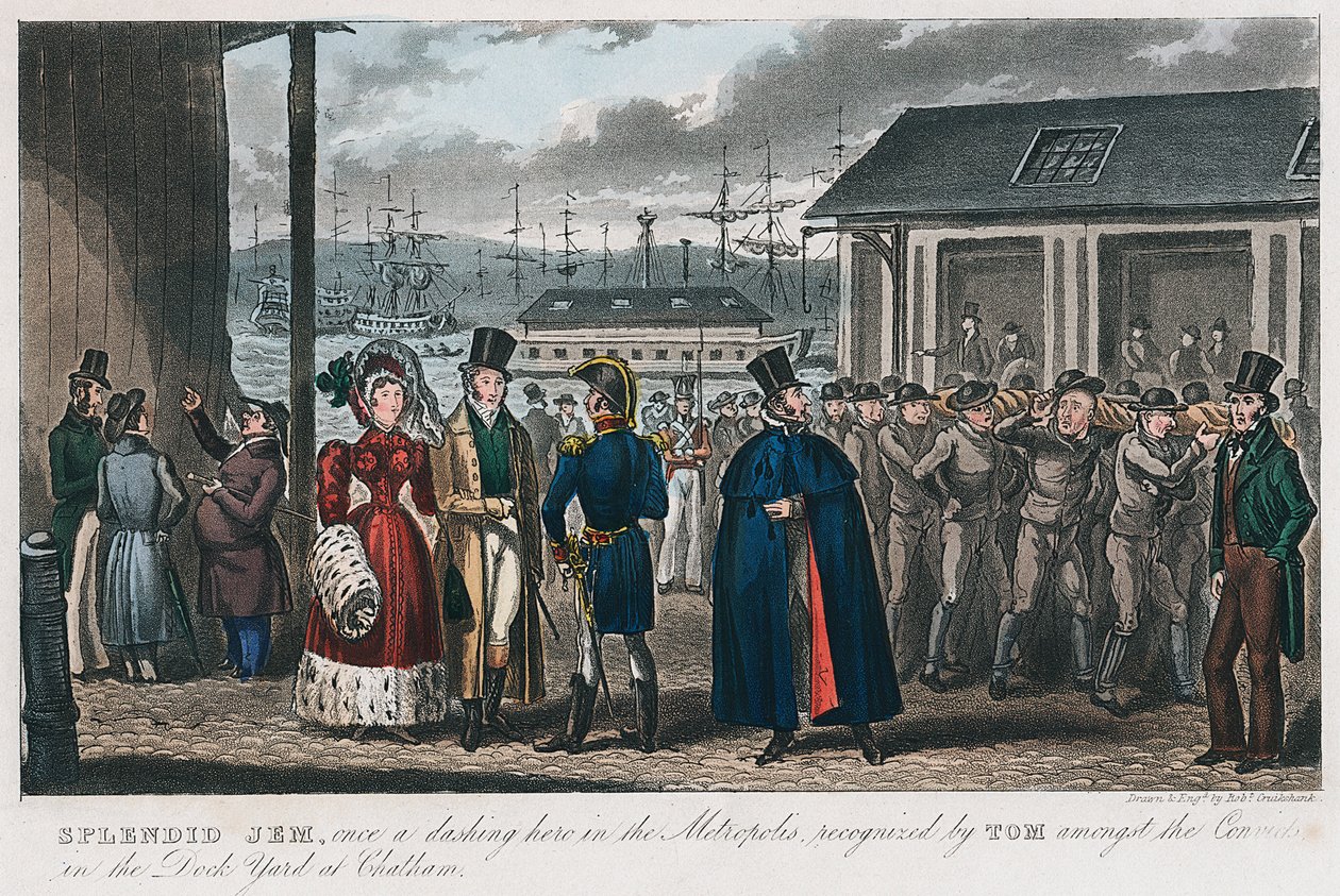 灿烂的杰姆（Jem）在肯特郡查塔姆（Chatham）海军船坞的罪犯中，1821年 作者 艾萨克·罗伯特·克鲁克香克