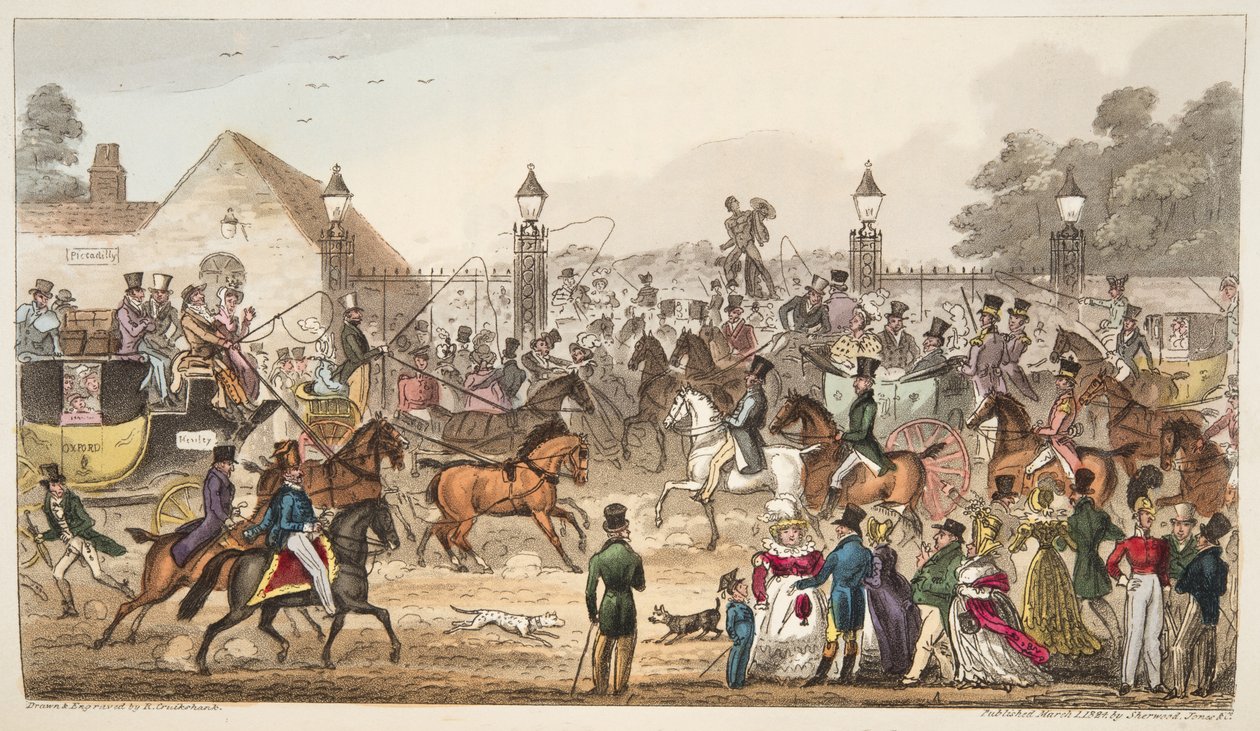 英国间谍1824年出版的到达Cockney Land的西部入口（手工彩色雕刻） 作者 艾萨克·罗伯特·克鲁克香克