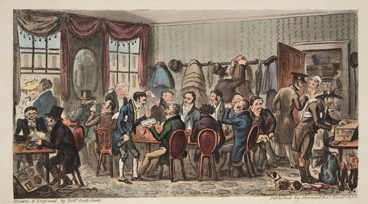 贝尔酒店的男士宴会，切尔滕纳姆，英国间谍，酒吧。 1824年（手工彩色雕刻） 作者 艾萨克·罗伯特·克鲁克香克