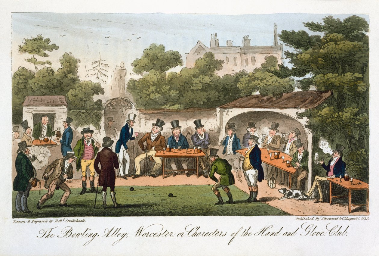 英国间谍保龄球馆，伍斯特或手与手套俱乐部的角色，由Charles Molloy Westmacott（1788-1868）出版，伦敦，1825年 作者 艾萨克·罗伯特·克鲁克香克