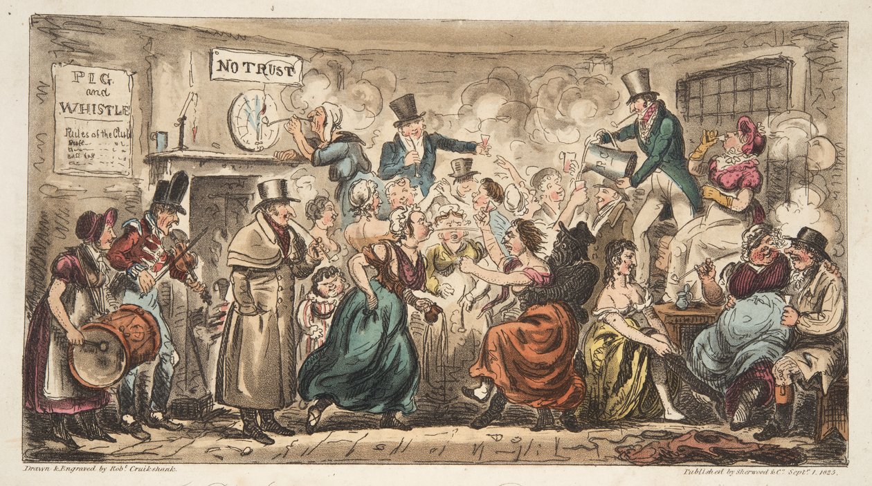 位于巴斯的Avon Street，Pig and Whistle的Buff Club，来自The English Spy，pub。伦敦，1824年（手工彩色雕刻） 作者 艾萨克·罗伯特·克鲁克香克