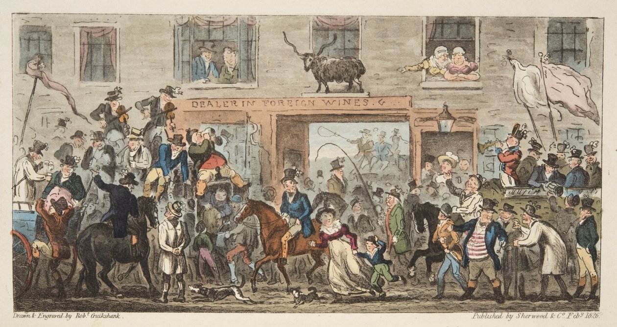 来自The English Spy，the pub的The Comical Procession。 1824年（手工彩色雕刻）格洛斯特到伯克利，来自The English Spy，pub。 1824年（手工彩色雕刻） 作者 艾萨克·罗伯特·克鲁克香克