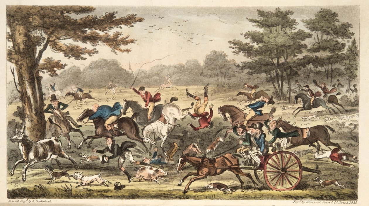 英国间谍，酒吧里的Epping Hunt，或全部大通的Cockney Comicalities。 1824年（手工彩色雕刻） 作者 艾萨克·罗伯特·克鲁克香克