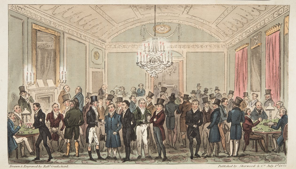 Brookes的Great Subscription室，来自The English Spy，pub。 1824年（手工彩色雕刻） 作者 艾萨克·罗伯特·克鲁克香克
