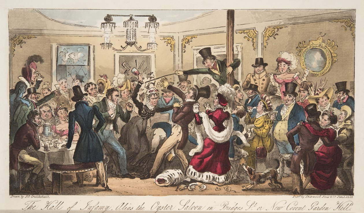 臭名昭着的大厅，别名是Brydges-Street的Oyster Saloon，或来自The English Spy，pub的New Covent Garden Hell。 1824年（手工彩色雕刻） 作者 艾萨克·罗伯特·克鲁克香克