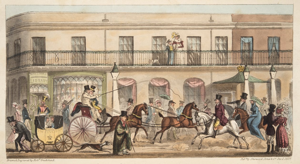 切尔滕纳姆的高街，来自The English Spy，酒吧。 1824年（手工彩色雕刻） 作者 艾萨克·罗伯特·克鲁克香克
