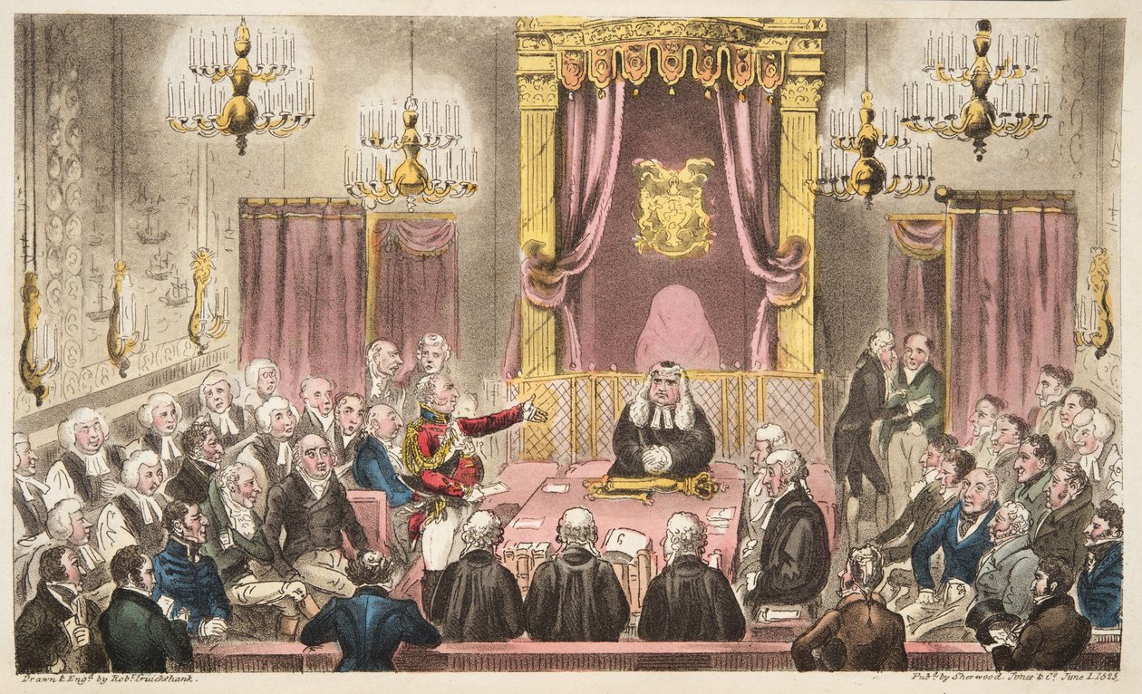 高级辩论中的上议院，来自英国间谍，酒吧。 1824年（手工彩色雕刻） 作者 艾萨克·罗伯特·克鲁克香克