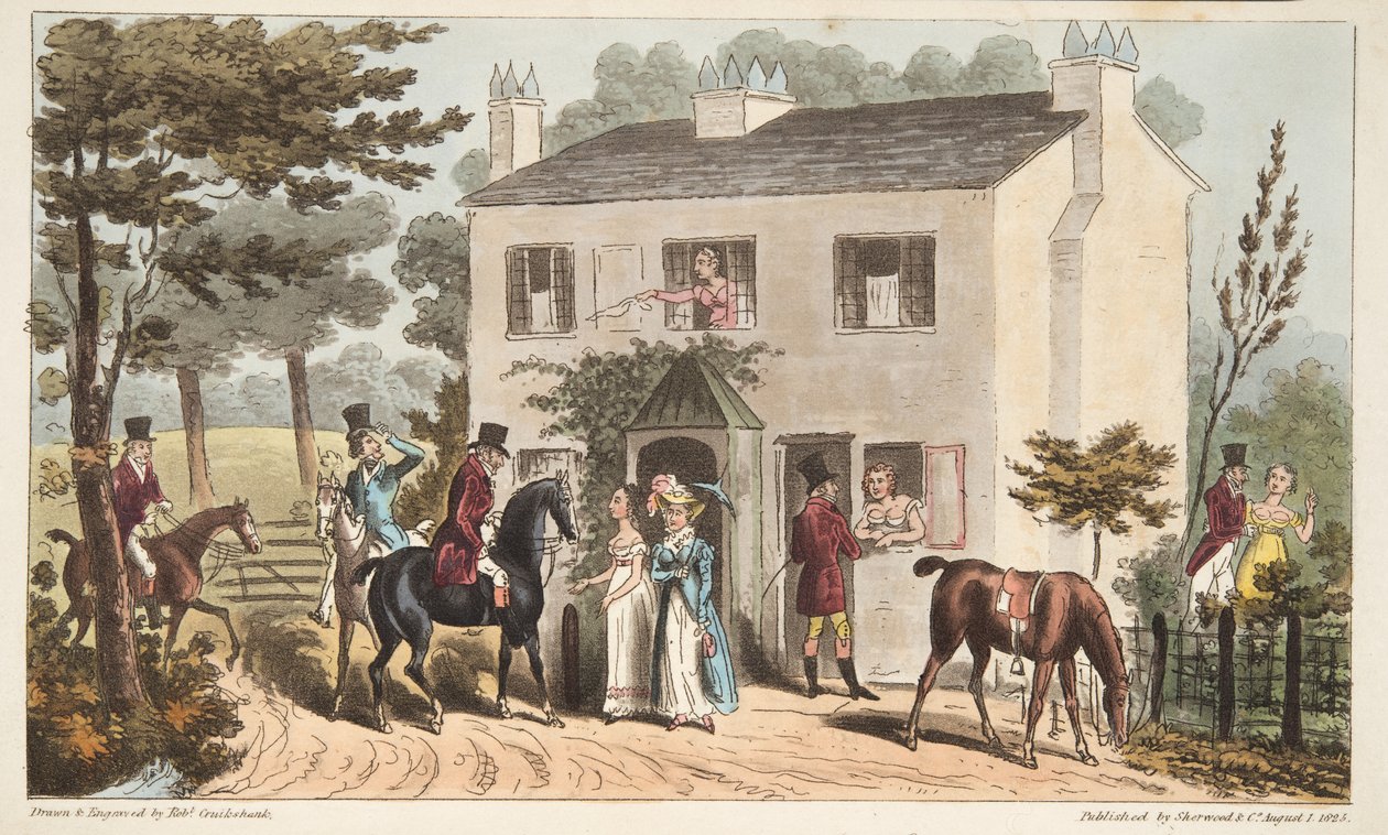 奥克兰别墅，切尔滕纳姆，或狐狸猎人和他们的最爱，来自The English Spy，pub。 1824年（手工彩色雕刻） 作者 艾萨克·罗伯特·克鲁克香克