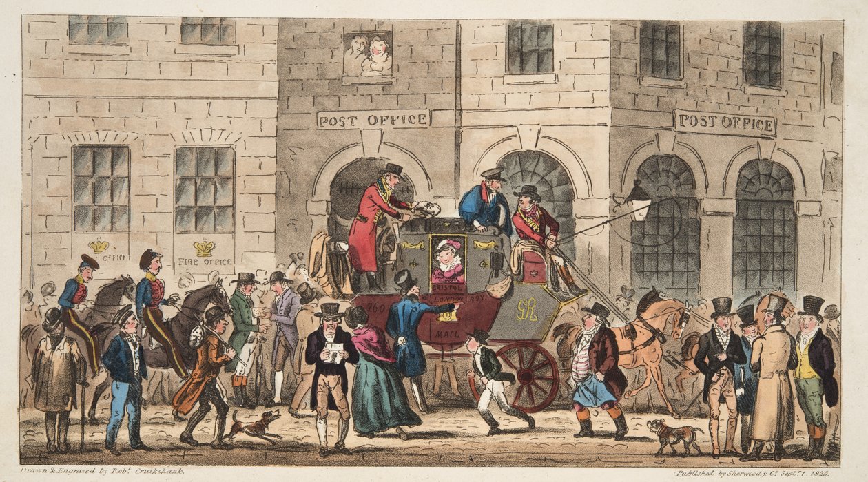 邮政布里斯托尔，伦敦邮报的到来，来自英国间谍，于1824年在伦敦出版 作者 艾萨克·罗伯特·克鲁克香克
