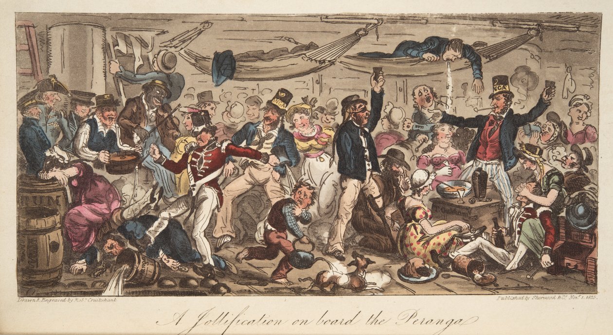 The Retturn to Port，来自The English Spy，pub。 1824年（手工彩色雕刻） 作者 艾萨克·罗伯特·克鲁克香克