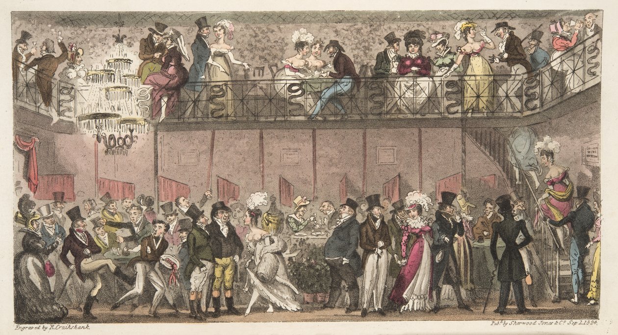 皇家沙龙，皮卡迪利，或歌剧后一小时，英国间谍出版1824年（手工彩色雕刻） 作者 艾萨克·罗伯特·克鲁克香克