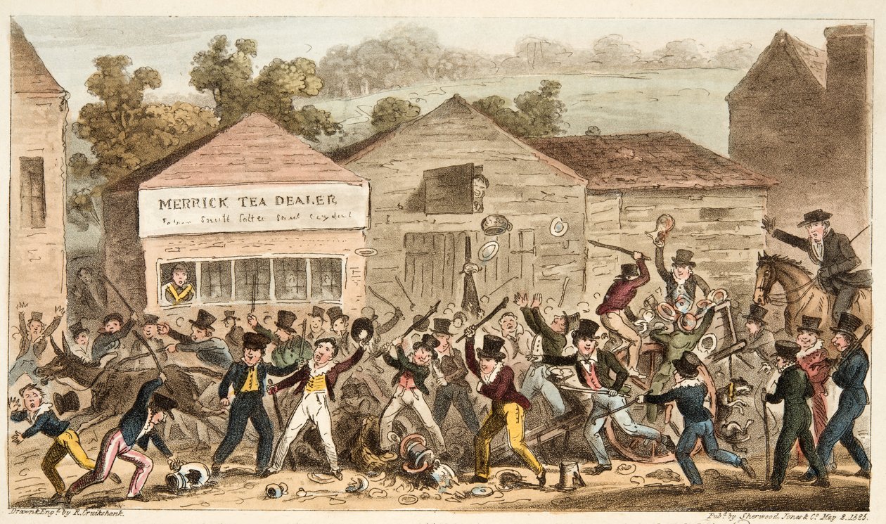 哈罗的茶壶行，或英国间谍，酒吧的肉猪之战。 1824年（手工彩色雕刻） 作者 艾萨克·罗伯特·克鲁克香克