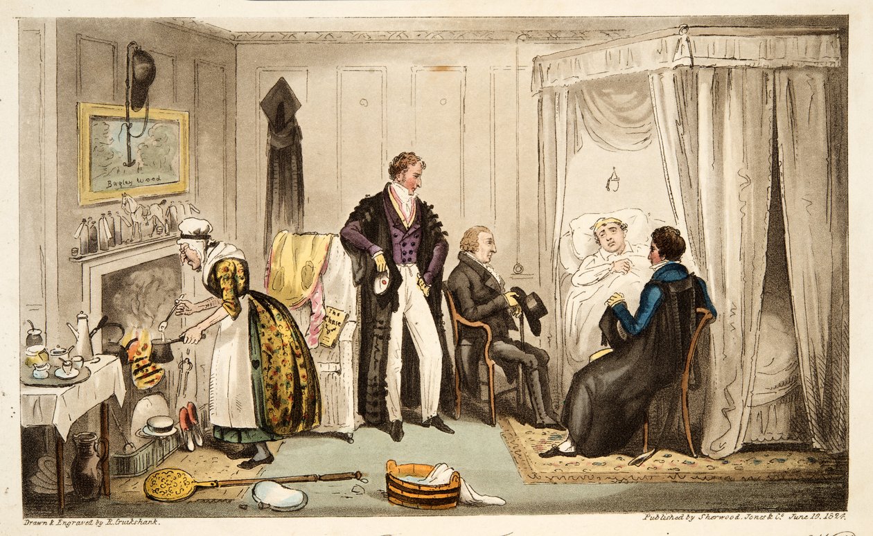 汤姆·艾乔（Tom Echo）与英格兰间谍（The English Spy）于1824年出版的伦敦（手绘彩色版画）一起摆放了非常接近墙壁的海丁顿热潮或奥克森主义者。 作者 艾萨克·罗伯特·克鲁克香克