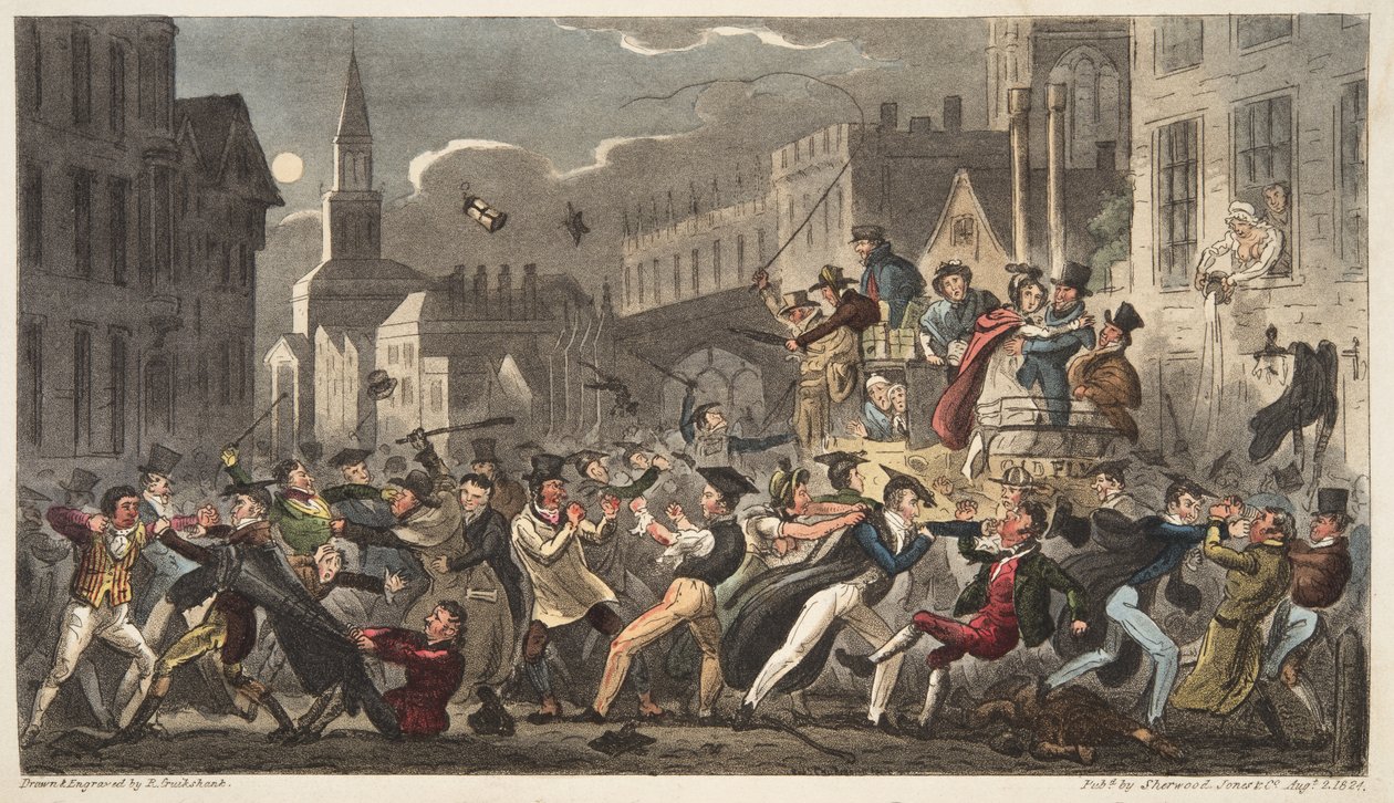 Town and Gown，来自The English Spy，pub。 1824年（手工彩色雕刻） 作者 艾萨克·罗伯特·克鲁克香克