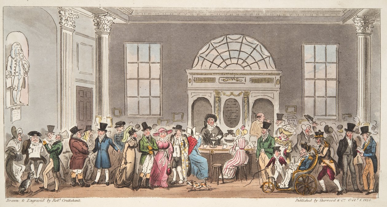 众所周知的巴斯泵房，来自The English Spy酒吧的King Bladud啜饮。 1824年（手工彩色雕刻） 作者 艾萨克·罗伯特·克鲁克香克