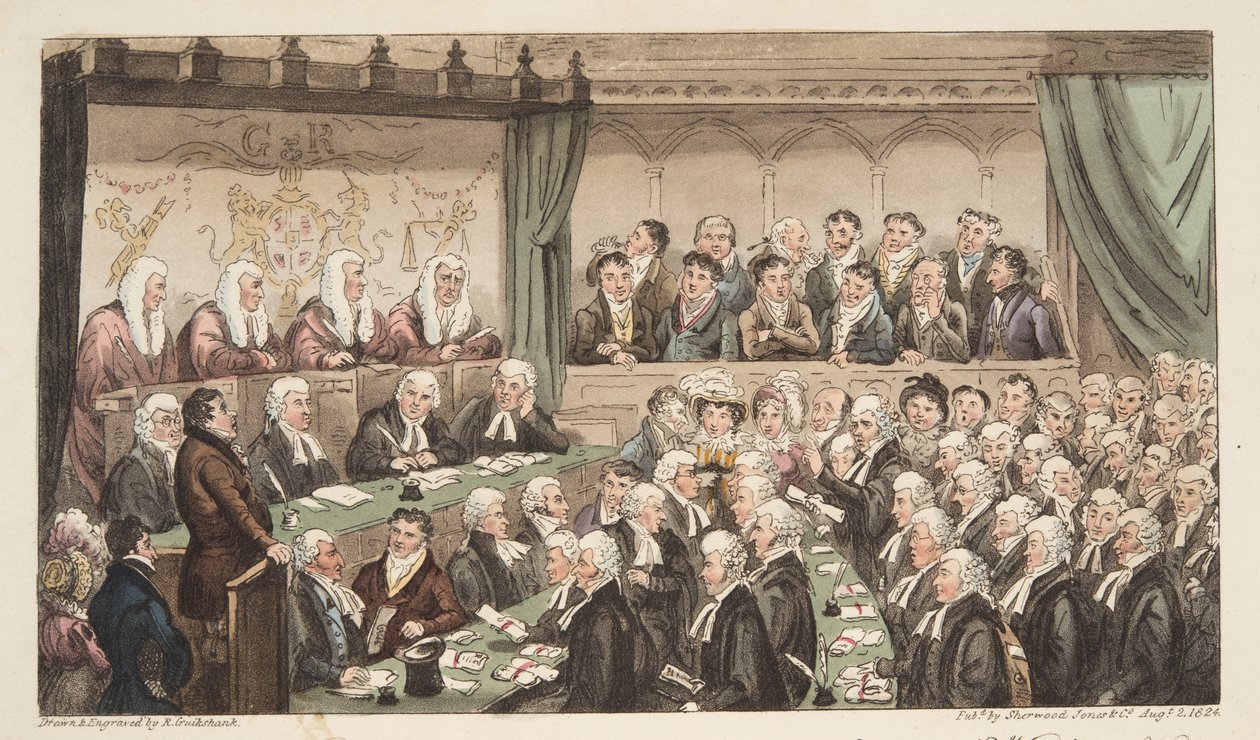 威斯敏斯特大厅，来自The English Spy，酒吧。 1824年（手工彩色雕刻） 作者 艾萨克·罗伯特·克鲁克香克