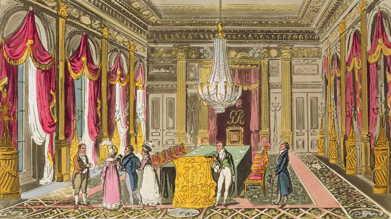 Tom，Jerry和Logic访问Carlton House，来自Pierce Egan的“Life in London”，1821-22（彩色aquatint） 作者 以撒，罗伯特和乔治·克鲁克香克