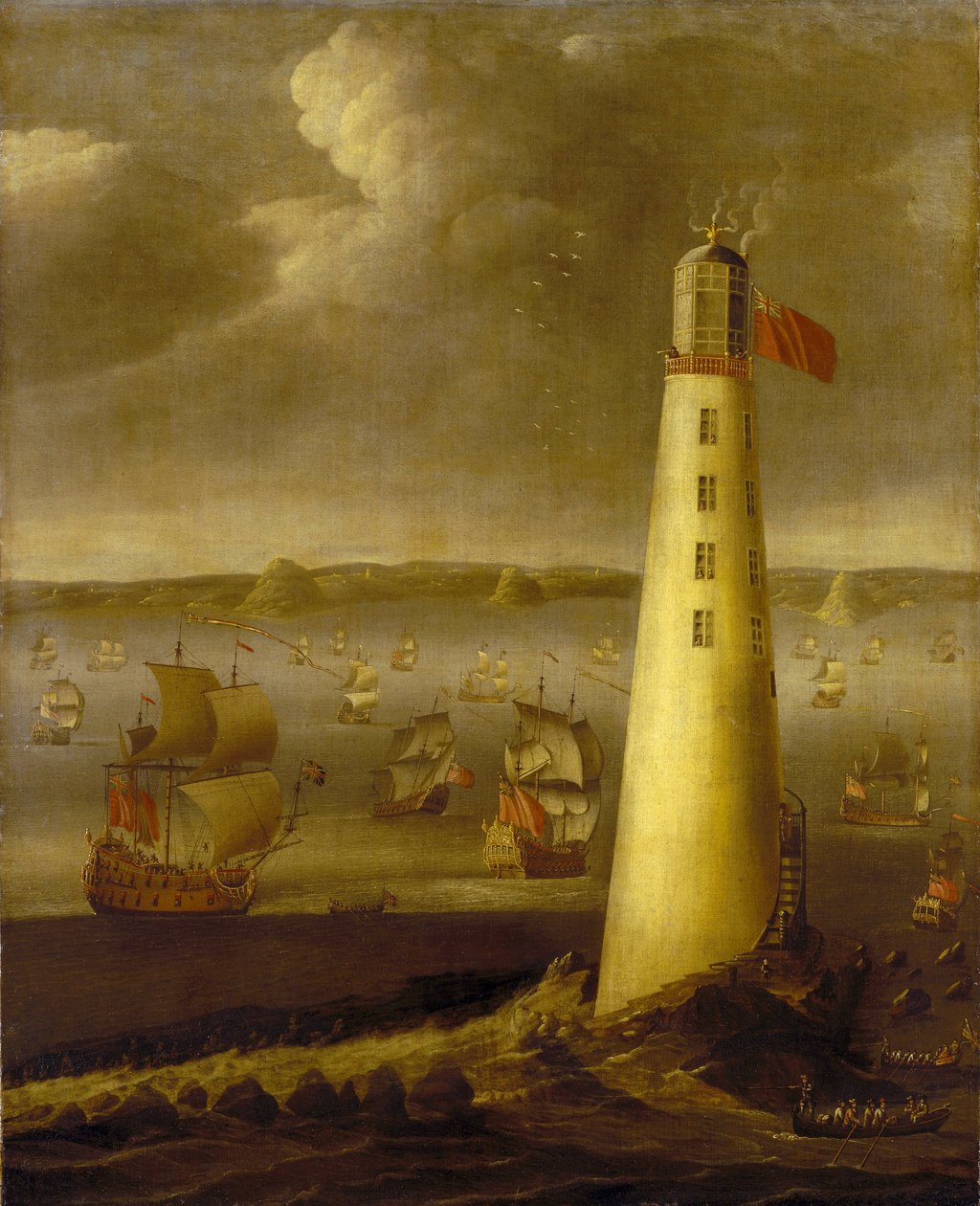 英格兰德文郡海岸外的埃迪斯顿灯塔。布面油画，约 1708 年，作者艾萨克-赛尔梅克（1633-1721 年）。 作者 艾萨克·赛尔梅克