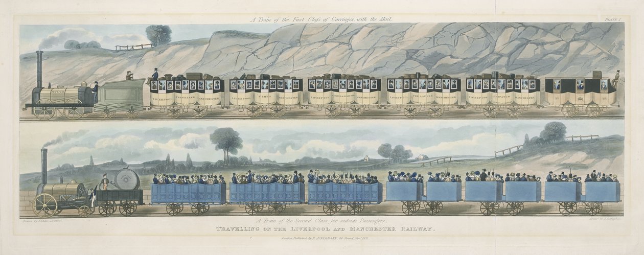 乘坐利物浦和曼彻斯特铁路：1831年由SG Hughes镌刻的带有邮件的第一类车厢列车和外部乘客的第二类列车（aquati） 作者 艾萨克·肖