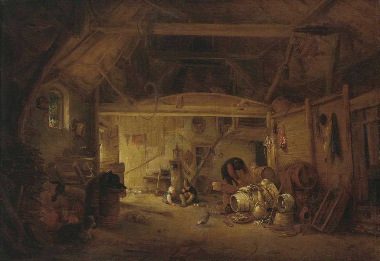 德语: Scheuneninterieur 谷仓内部，两个孩子在吃饭，一个男人在工作 作者 艾萨克·范·奥斯塔德