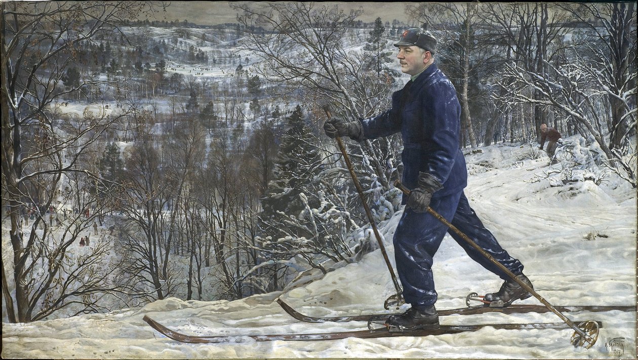 Kliment Voroshilov (1881-1969) skiant - Kliment Voroshilov on a skiing trip - Isaak Izrailevich Brodsky (1884-1939). Oil on canvas 作者 伊萨克·伊斯莱耶维奇·布罗茨基