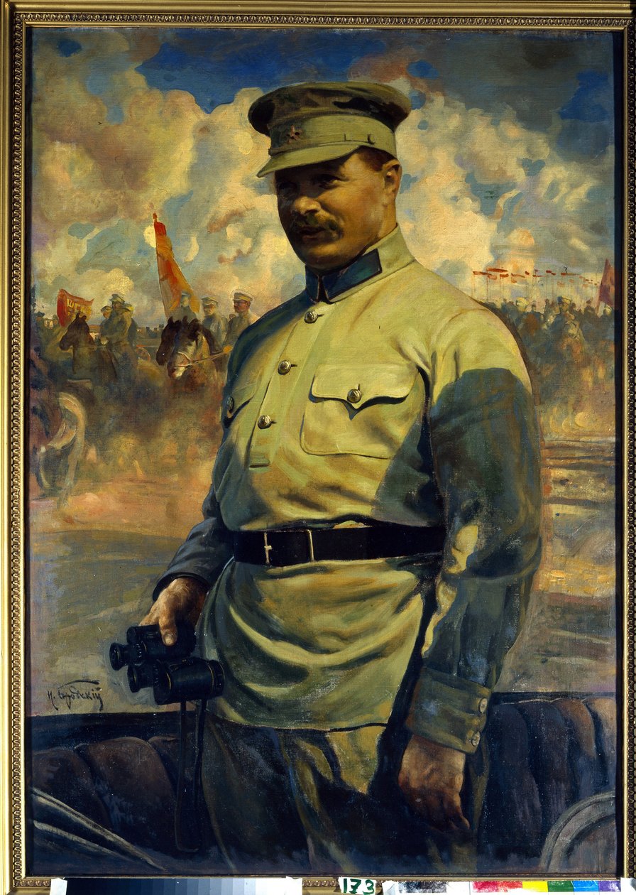 布尔什维克领袖米哈伊尔-瓦西里耶维奇-伏龙芝肖像（1885-1925 年）。(布尔什维克领袖伏龙芝肖像）。Peinture de Isaak Izrailevich Brodsky (Brodski) (1884-1939), huile sur toile 作者 伊萨克·伊斯莱耶维奇·布罗茨基