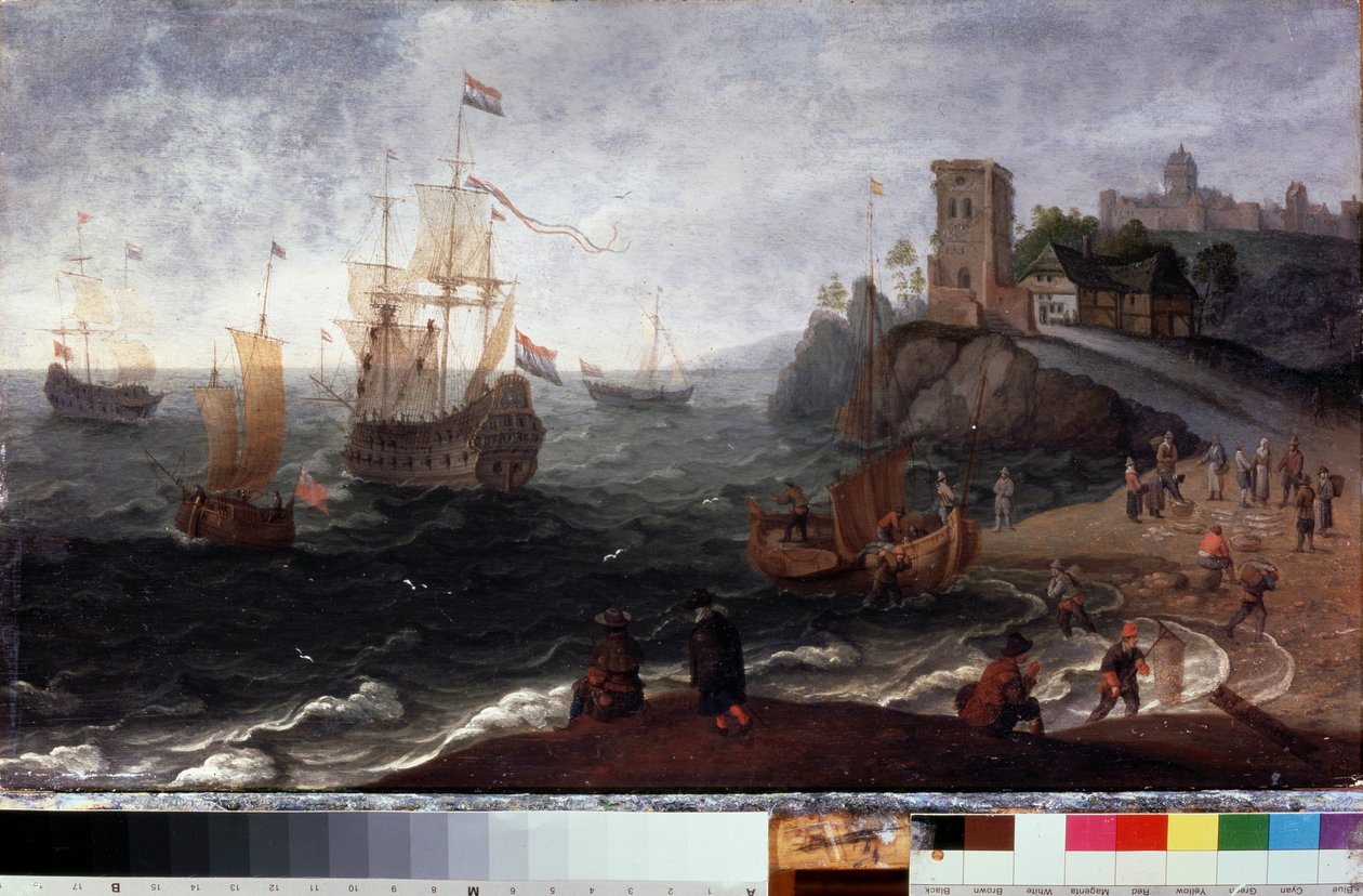 海边的鱼市。Isaak Willaerts（1620-1693 年）的画作。木板油画，35.5 x 67 厘米，约 1640 年。谢尔普霍夫（俄罗斯）国家历史与艺术博物馆。 作者 伊萨克·威拉尔茨