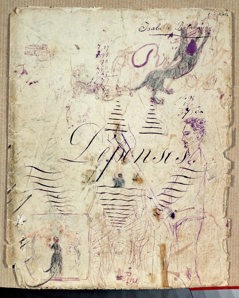 Arthur Rimbaud 帮助收割。 伊莎贝尔·兰波 (Isabelle Rimbaud) 用紫色墨水在开支簿草稿纸上作画 作者 伊莎贝尔（Isabelle Rimbaud）