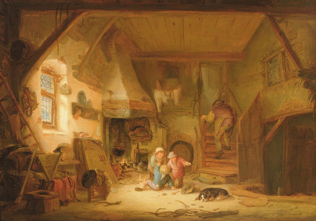 孩子们在1641年的小屋火灾中玩耍 作者 伊萨克·范·奥斯塔德（Isack van Ostade）