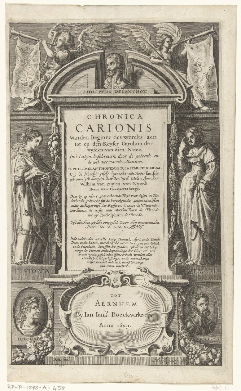梅兰希所著 Chronica Carionis 的扉页
Chronica Carionis vanden beginne des werelts aen tot op den Keyser Carolum（标题见实物） 作者 艾萨克·范艾尔斯特