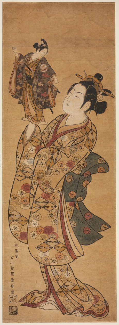 演员小野江菊五郎（Onoe Kikugoro I）手持演员佐野川市松（Sanogawa Ichimatsu I）的木偶 作者 石川丰信