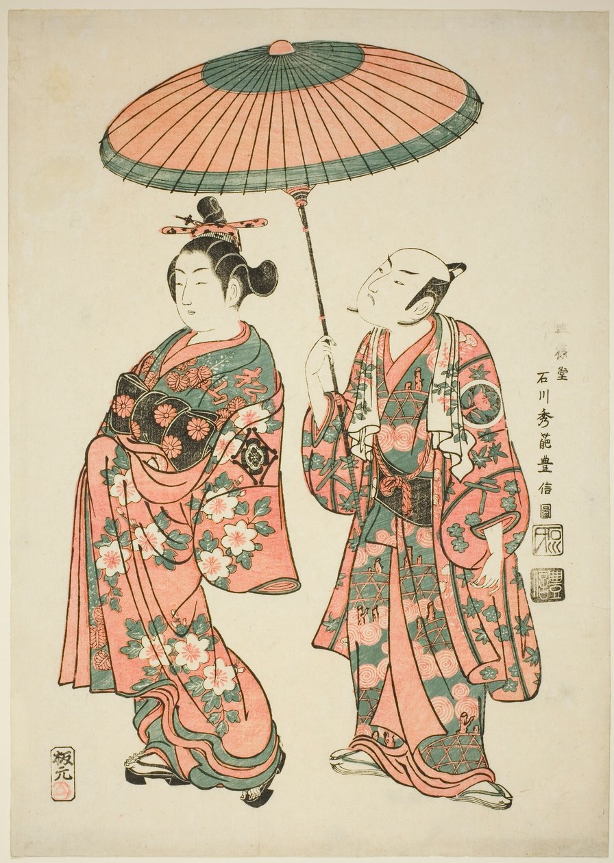 1749 年 11 月在市村剧场上演的话剧《赖友群白加贺神》中饰演松山的演员中村清三郎一世和饰演万屋久兵卫的演员市村龟三一世 作者 石川丰信