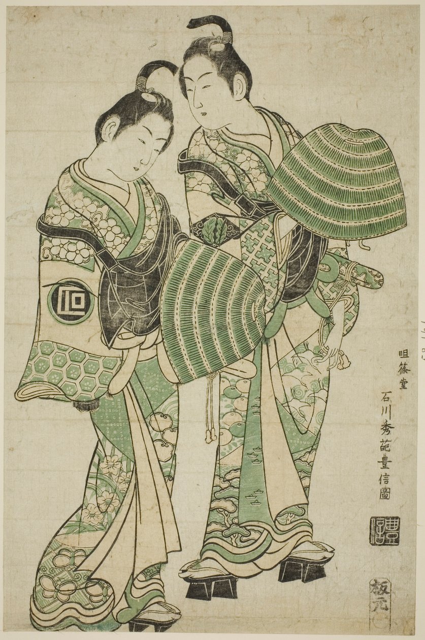 演员小野江菊五郎（Onoe Kikugoro I）和佐野川市松（Sanogawa Ichimatsu I）装扮成僧侣（komuso）。 作者 石川丰信