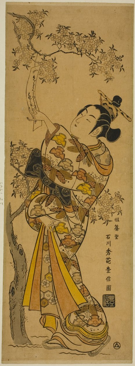 被绑在樱花树上阅读《丹砂》的年轻女子 作者 石川丰信